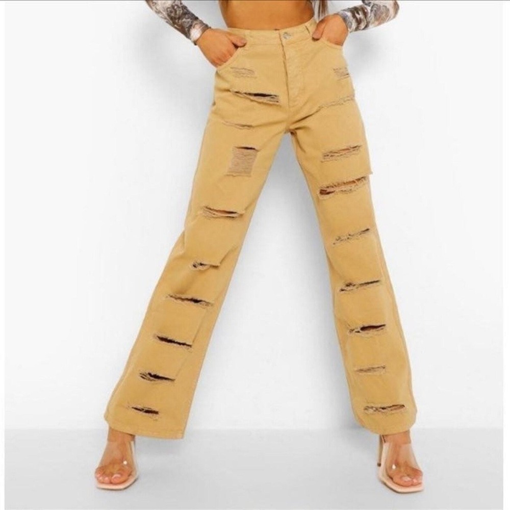 Boohoo Sand Tan Distressed Ladder Cutout Straight Leg Jeans Womens Size 8 NEW